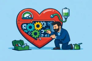 Nastavenie životného poistenia – Miloš Bubniak opravuje a nastavuje stroj v tvare srdca