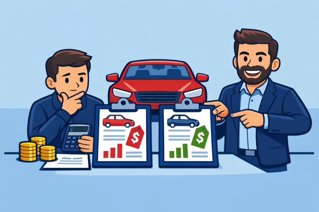 Muž porovnáva ponuky PZP pred červeným autom, Miloš Bubniak ukazuje na výhodnejšiu možnosť poistenia