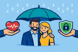 Životné poistenie 2026 – pár pod dáždnikom symbolizuje ochranu rodiny, Miloš Bubniak drží srdce s EKG a erb so zámkom