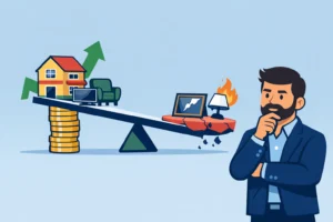 Nerovnováha medzi rastúcou hodnotou majetku a nedostatočným poistením znázornená váhou s domom a poškodeným vybavením